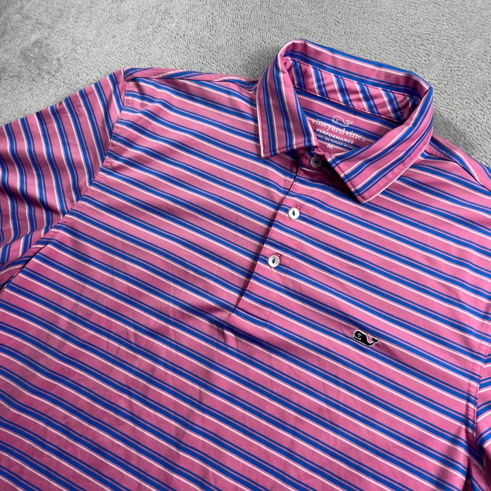 Vineyard Vines Mens Performance Polo Shirt Medium Pink Blue Striped Golf Top